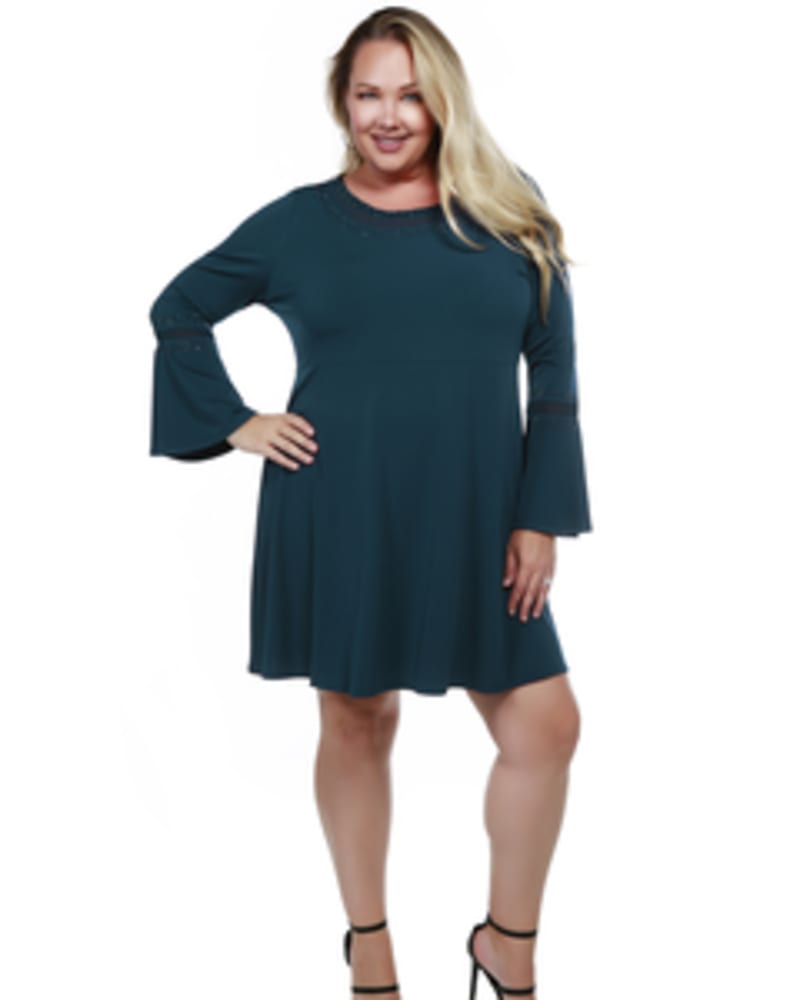 Front of a model wearing a size 1X Rhinestone-Trim Fit & Flare Dress in WINTER TEAL by Belldini Black Label. | dia_product_style_image_id:245863